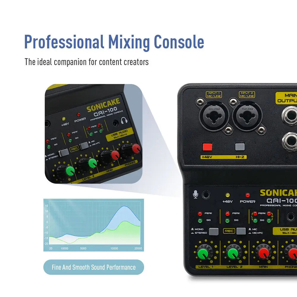 SONICAKE 2-Channel Mini Audio Mixer with Sound Card DJ Studio Music Recording Home Karaoke PC Compatible Mixing Console QAI-100