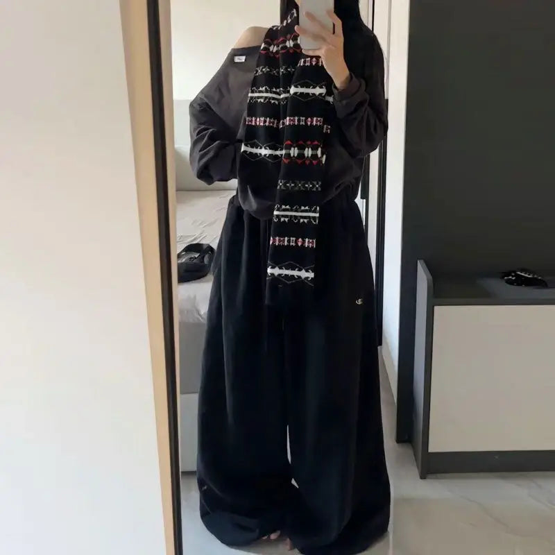 American Retro Hip-Hop Oversized Woman Black Casual Sweatpants Korean Streetwear Loose Jogging Pants High Waist Wide-Leg Pants