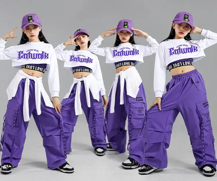 Hip Hop Girls Fashion K-pop Crop Top Purple Cargo Pants Children Street Dance Outfits Kids Streetwear Group Jazz Clothes Sets