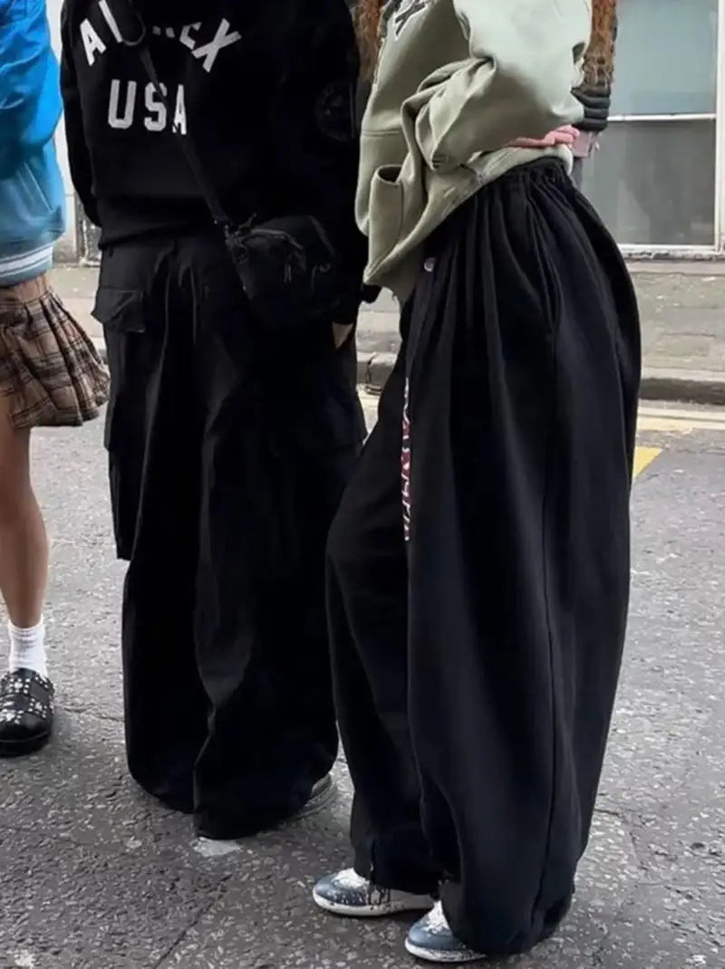 American Retro Hip-Hop Oversized Woman Black Casual Sweatpants Korean Streetwear Loose Jogging Pants High Waist Wide-Leg Pants