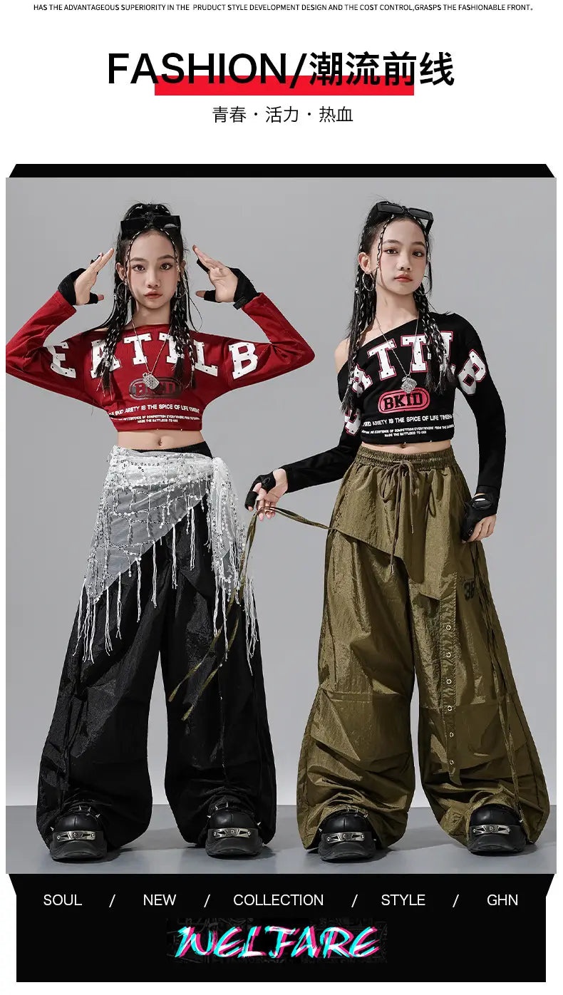 Hip Hop Girls Off Shoulders Crop Top Cargo Pants Kids K-pop Street Dance Clothes Set Children Girl Group Streetwear Teen Costume