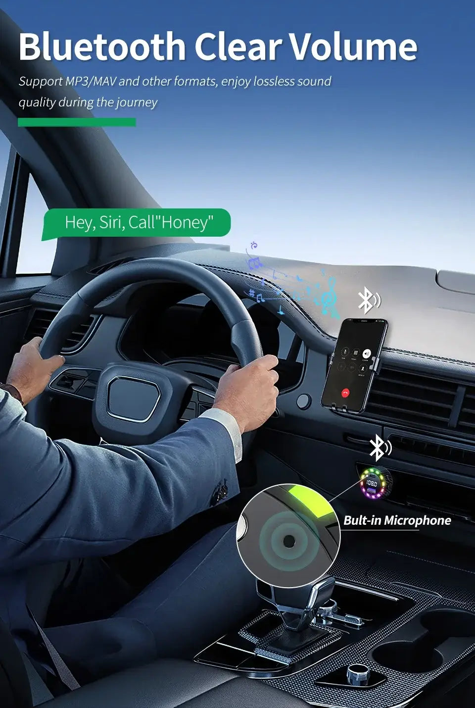 Car Bluetooth 5.3 FM Transmitter Wireless Audio Receiver Car MP3 Player 30W PD Fast Charge With Apple Type-C Port Charging Cable