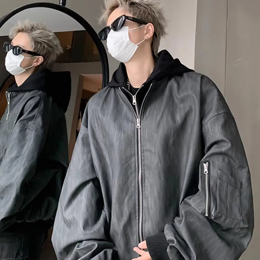 Hip Hop Style Fake Two-Piece Men’s Spring Autumn Baseball Jacket Pilot Coat Leather Shirt Trendy Handsome Hooded Coat