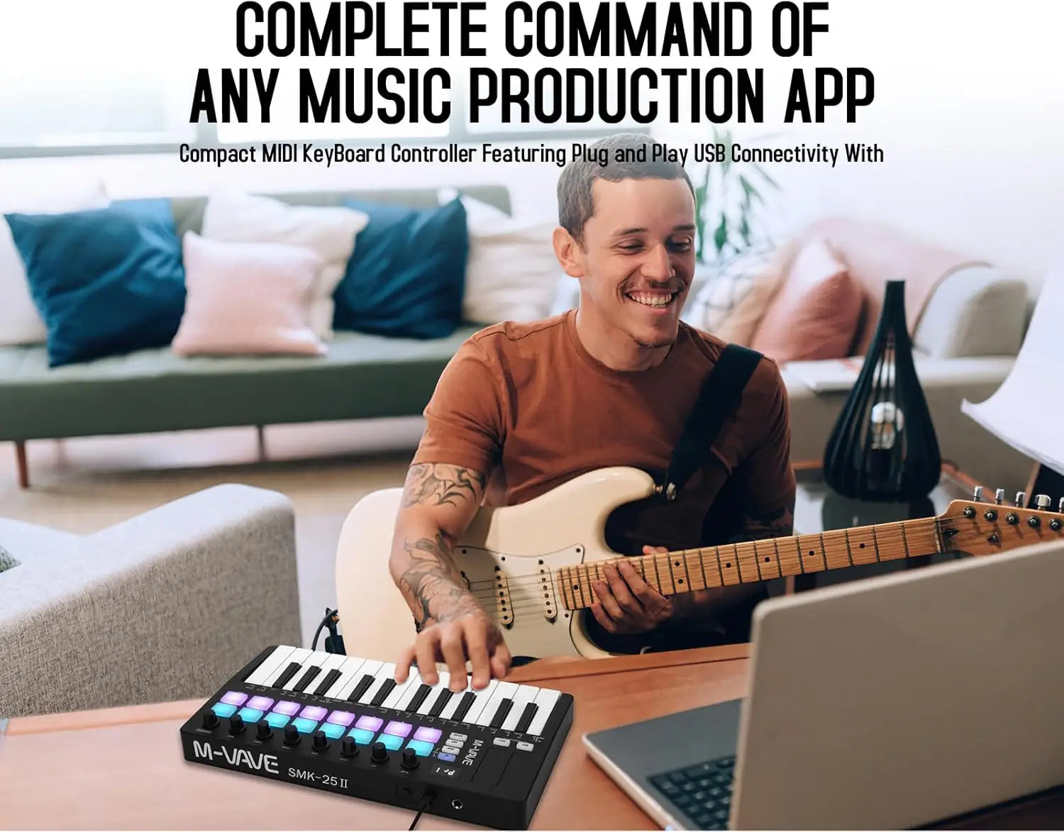 M-VAVE SMK-25 II MIDI Keyboard Controller 25 Mini Keys 16 RGB Drum Pads 8 Knobs USB with DAW Software for Music Production