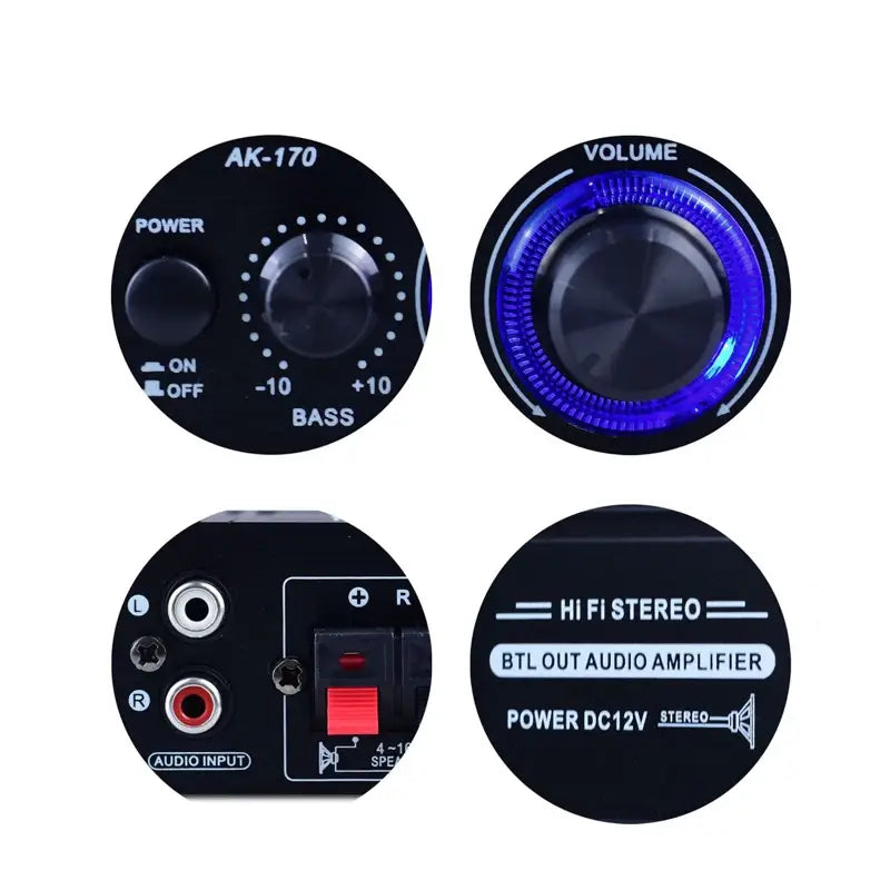 AK170 Mini Digital Power Audio Car Amplifier Blue Light Stereo Audio Amplifier for Home Theater Club Party Music 200Wx2 Power