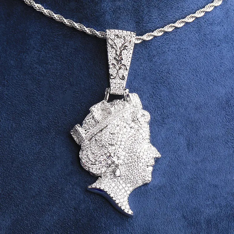 Hip Hop 5A+ CZ Stone Paved Bling Iced Out The Queen Elizabeth Pendants Necklaces for Men Rapper Jewelry Rose Gold Silver Color