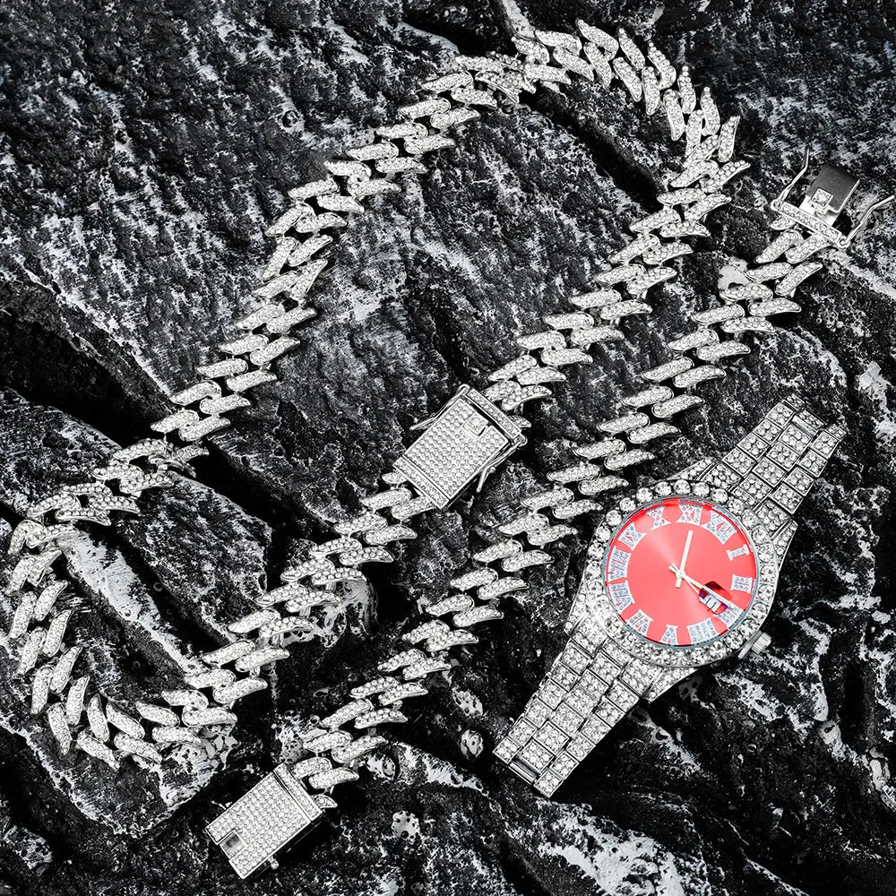 Hip Hop 3pcs Cuban Chain Watch for Men Miami Curb Iced Out Paved Rhinestones Rapper Cuban Necklace Suit Watch Bracelet Jewelry