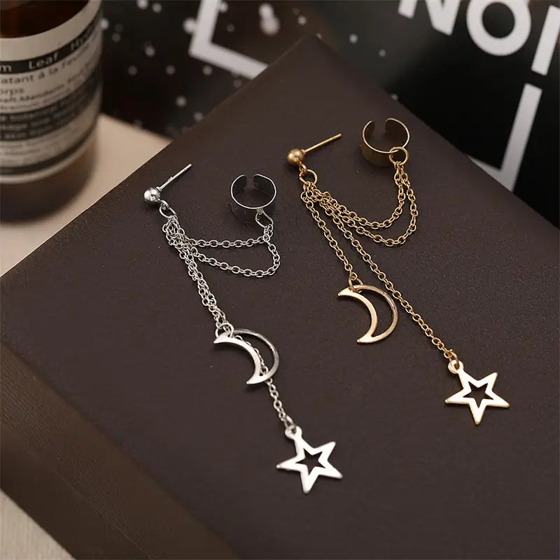 New Hiphop Clip Earrings for Women Star Moon Pendants Ear Cuff Punk Personality Gold Color Tassel Ear Clips aretes de mujer