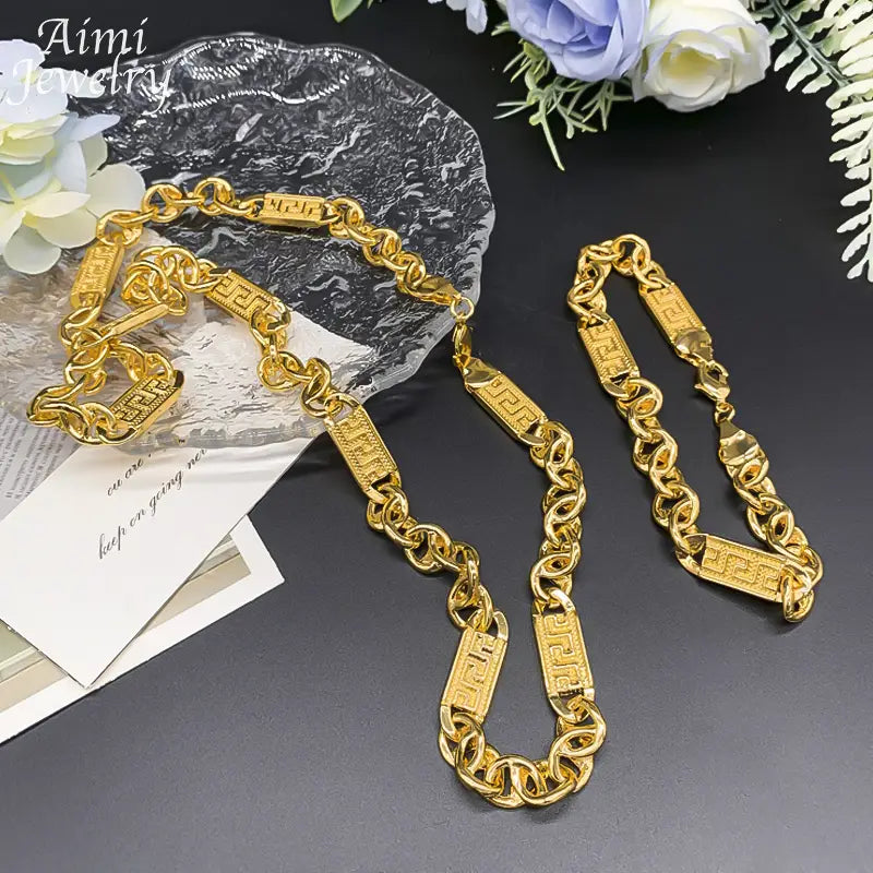Hip Hop Trendy African Jewelry Set for Men Women Chunky Necklace Bracelet Gold Plated Fashion Jewellery for Party Daily Gifts