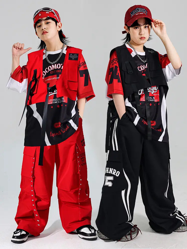 Hip Hop Boys Contrast T-shirt Red Vest Cargo Pants Girls K-pop Street Dance Clothes Sets Kids Jazz Costumes Children Streetwear