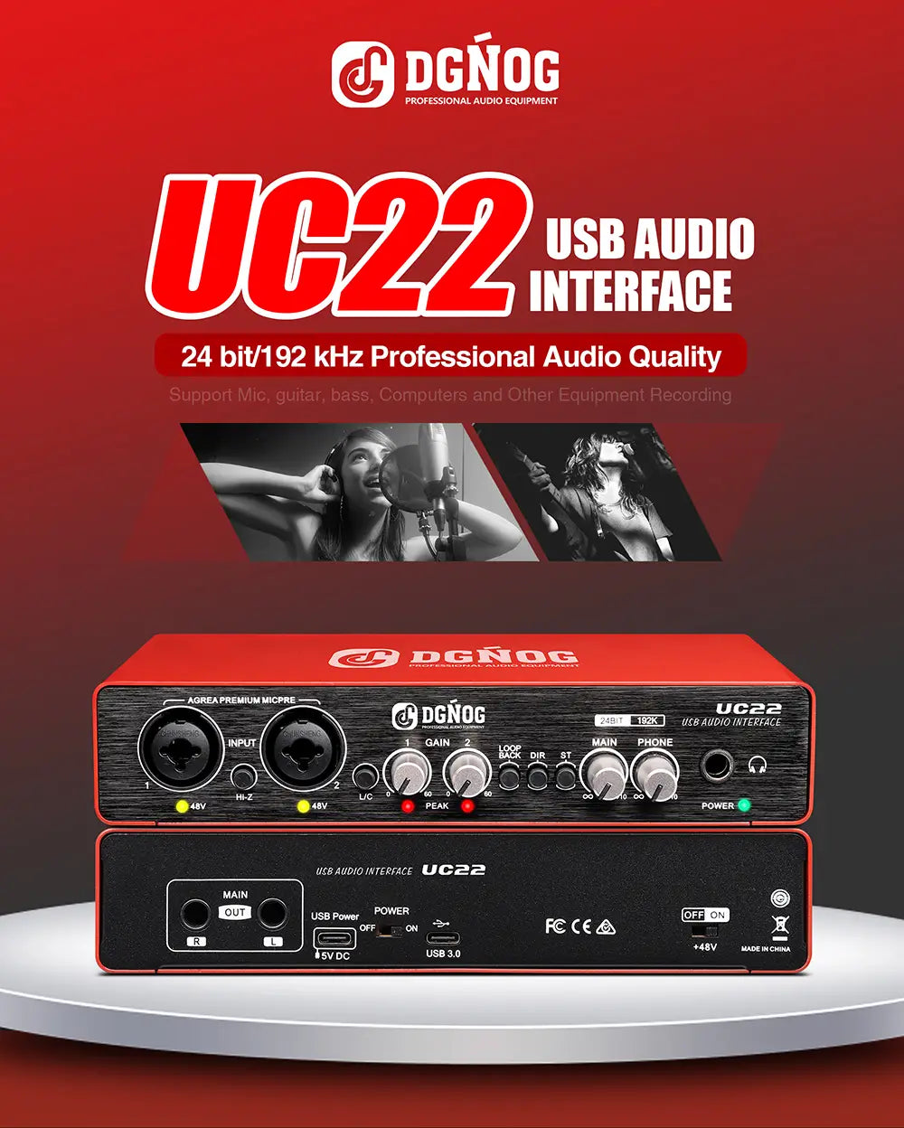 UC22 Audio Interface Sound Card 24-bit/192KHz AD Converter Electric Guitar Live Recording Professional Studio Singing Podcast