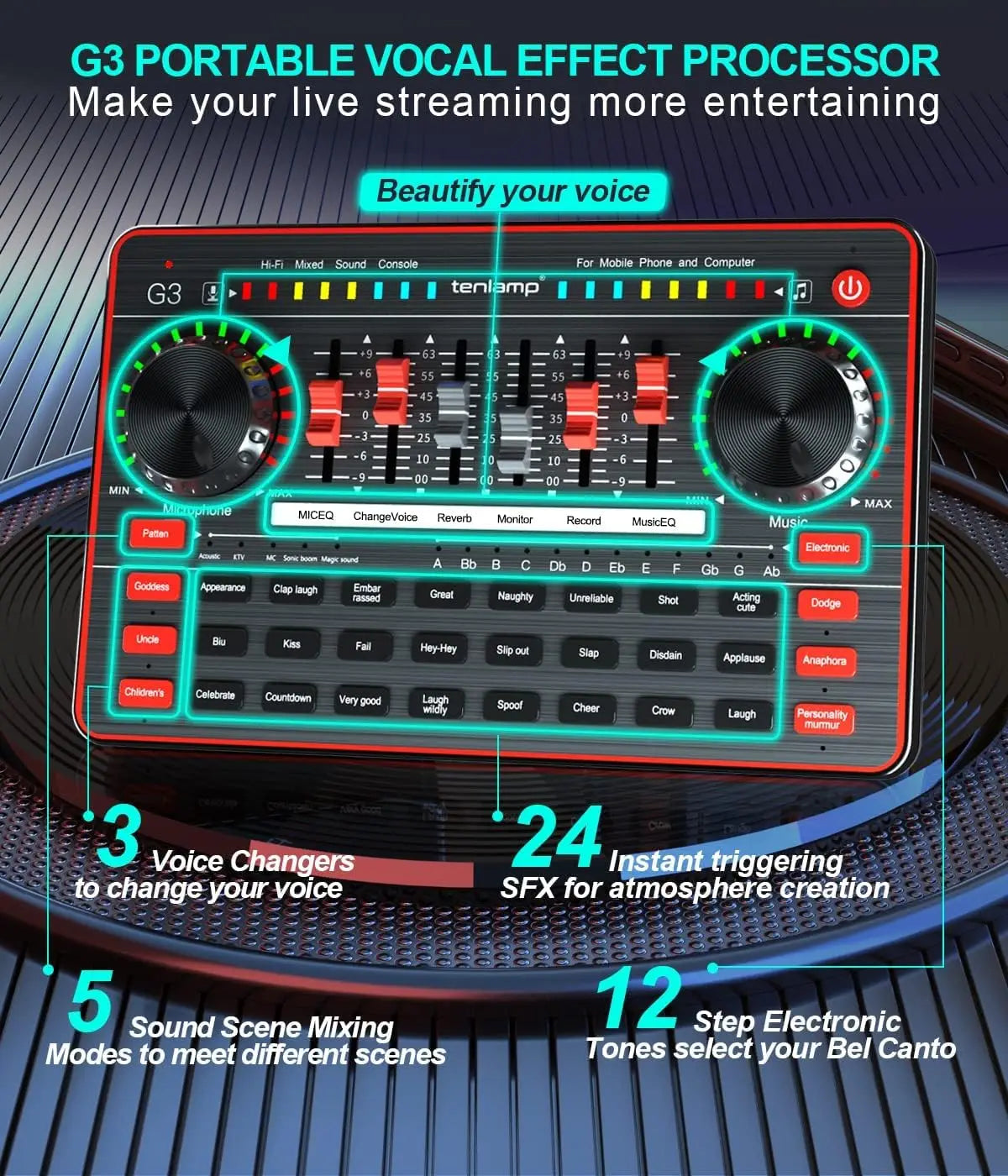 Audio Mixer with Sound Card tenlamp Two 3.5mm Studio Condenser Microphone and G3 Audio interface Sound Board Voice Changer