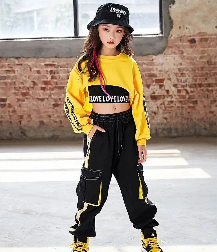Hip Hop Girls Crop Top Contrast Street Dance Cargo Pants Children Sweatshirt Joggers Kids Streetwear Jazz Costumes Clothes Sets