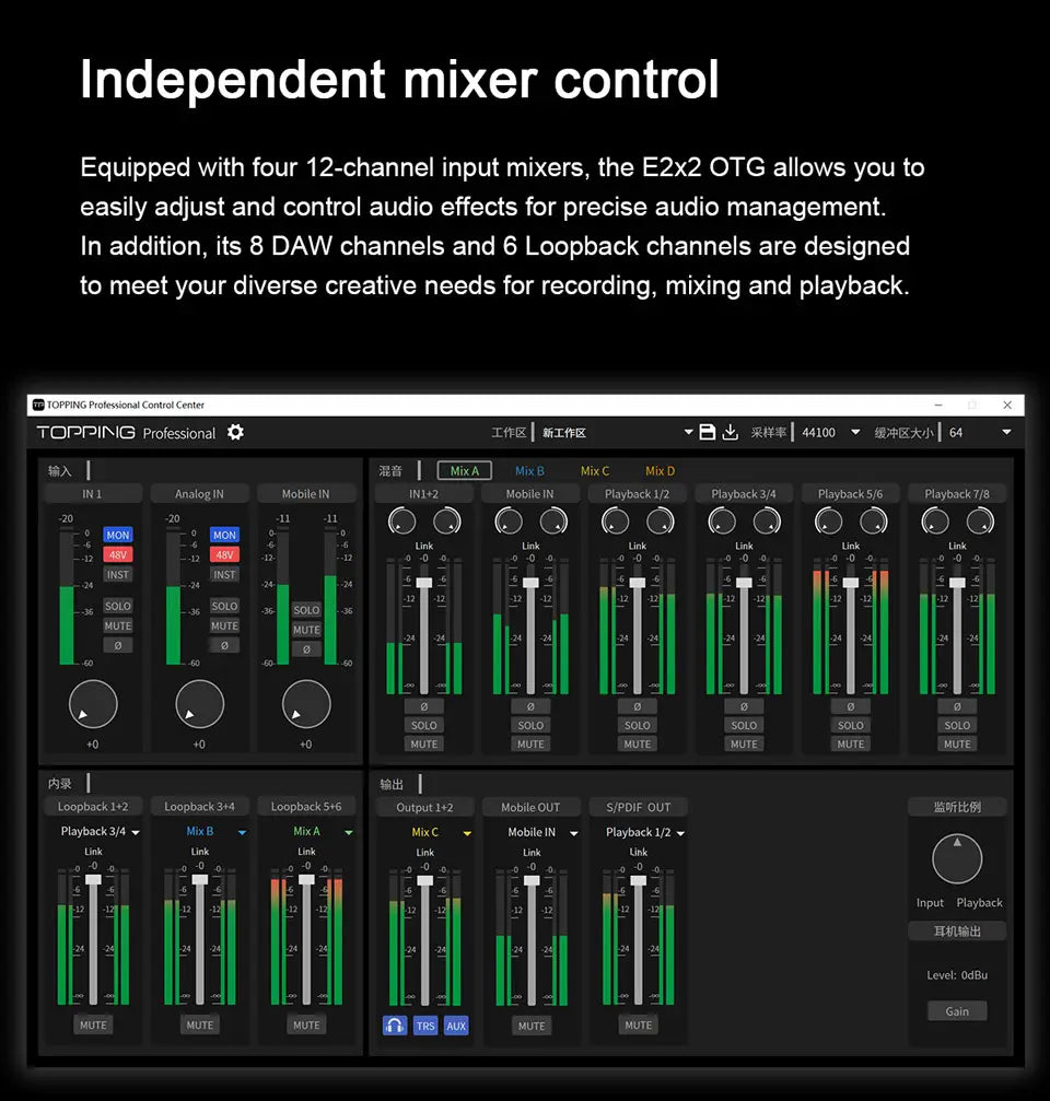NEW TOPPING E2x2 OTG Professional audio interface 2 in 2 out sound card 8 DAW and 6 LoopBack channels SPDIF output expansion