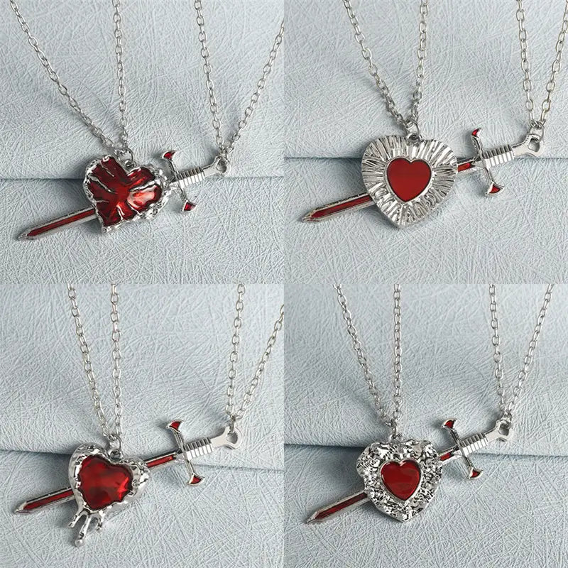 2pcs Swords Heart Pendant Necklaces for Women Men Cool Punk Heart Matching Necklaces Couple Friendship Fashion Jewelry Gift