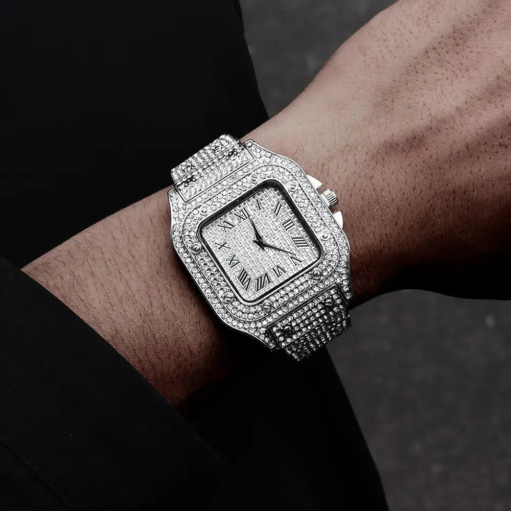 Brand Luxury Men’s Watches Stylish Alloy Strap Hip Hop Diamond Gold Date Quartz Watch Montre Homme