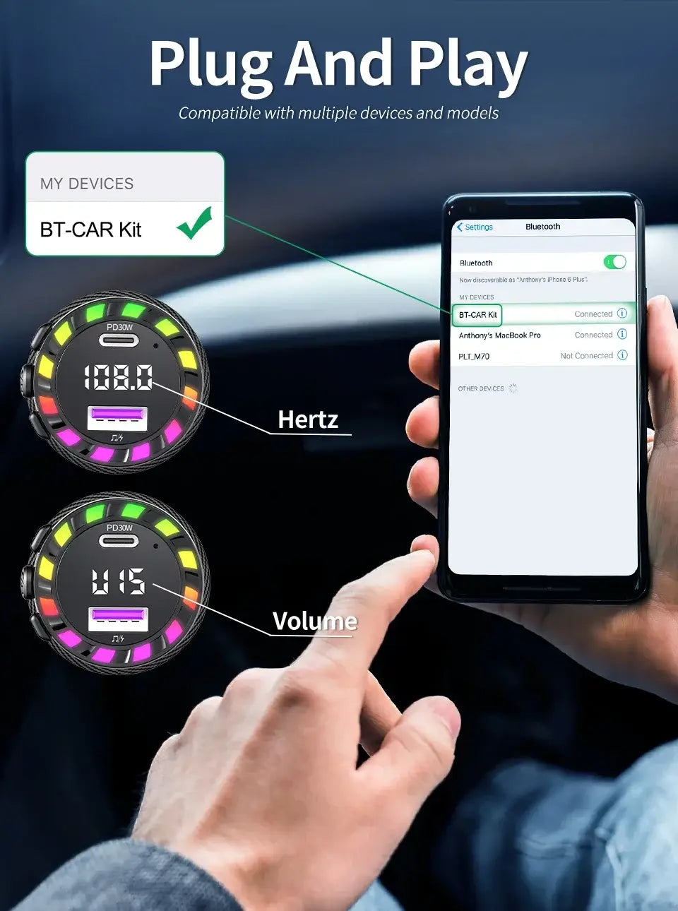Car Bluetooth 5.3 FM Transmitter Wireless Audio Receiver Car MP3 Player 30W PD Fast Charge With Apple Type-C Port Charging Cable