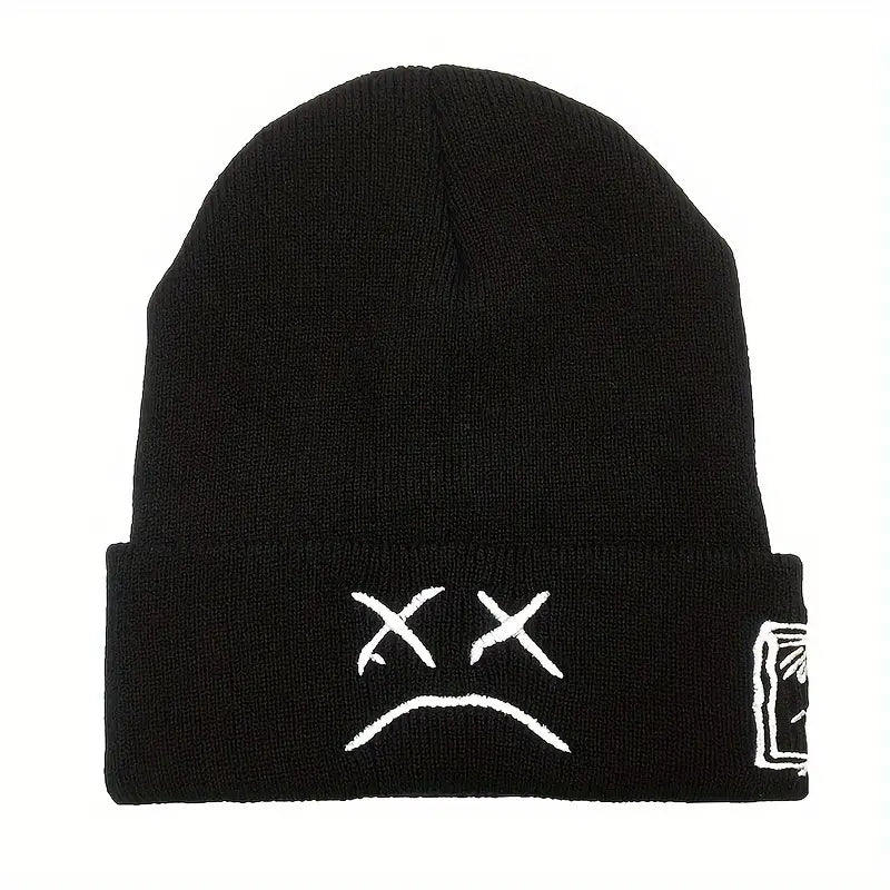 Sad face embroidered graphic brimless beanie fashionable black and white knitted hat casual hip-hop brimless hat