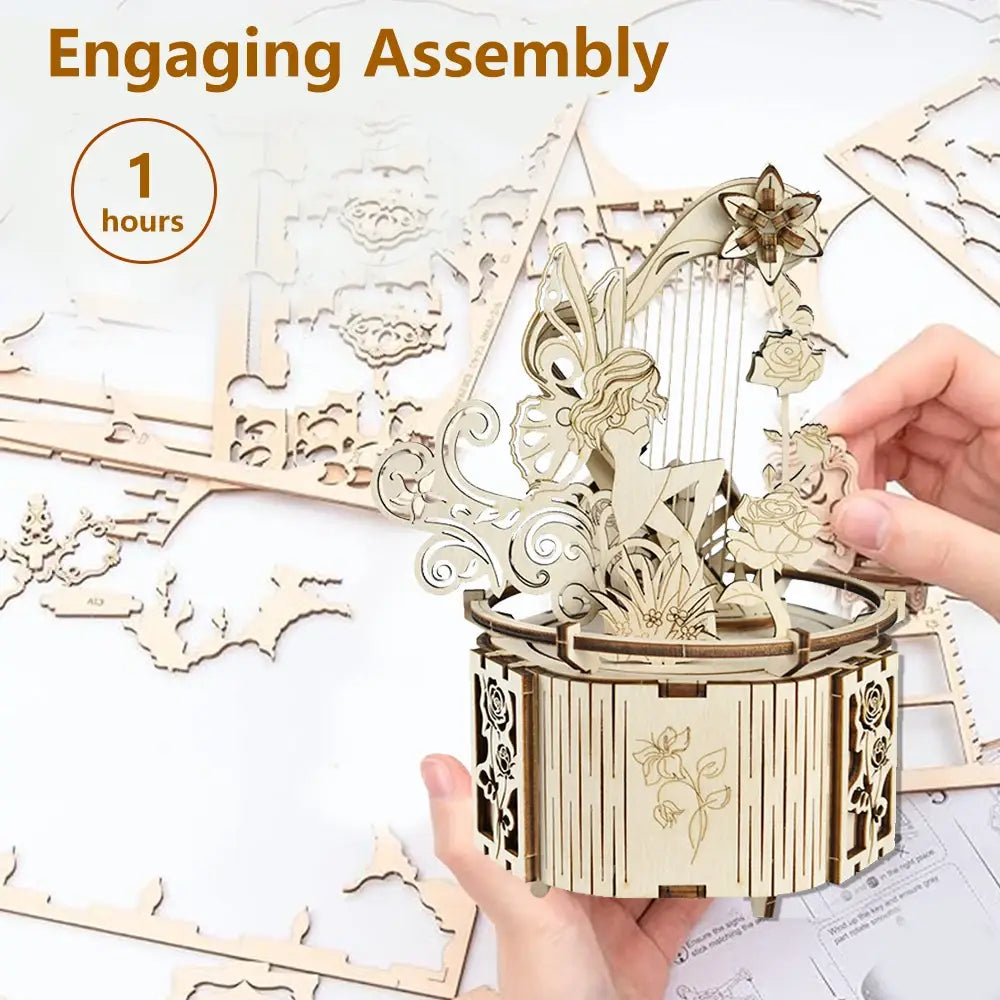 3D Wooden Puzzle Moon Star Model Music Box Building Kits Rotating Craft Decor Educational STEM Toy Gift for Adults Teens Kids