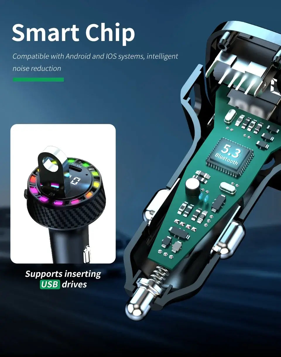 Car Bluetooth 5.3 FM Transmitter Wireless Audio Receiver Car MP3 Player 30W PD Fast Charge With Apple Type-C Port Charging Cable