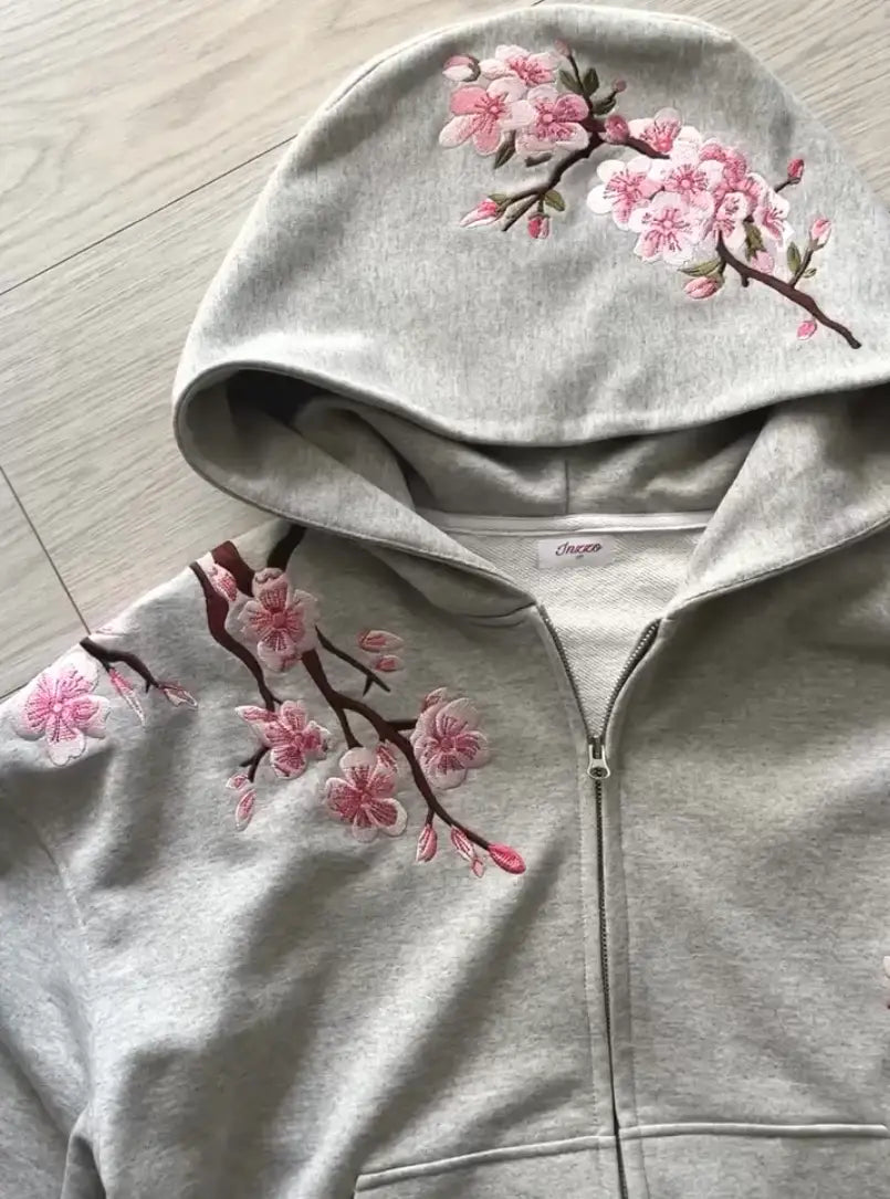 Y2K Vintage Oversized Cherry Blossom Embroidered Hooded Jacket Mens Womens Pink Zipper Coat Harajuku Hip Hop Graphic Streetwear