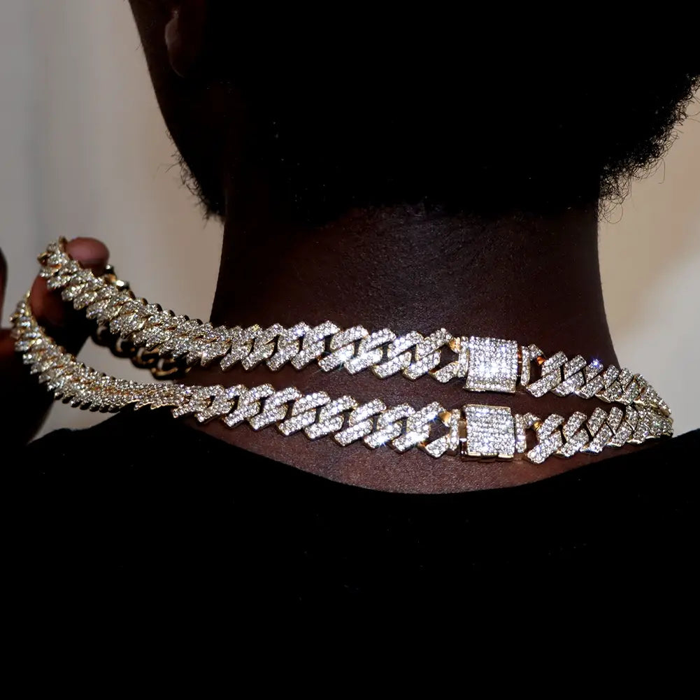 Hip Hop 14MM Prong Cuban Link Chain Necklace & Bracelet Iced Out Bling Cuban Chain Rhinestone Chains For Men Punk Rapper Jewelry