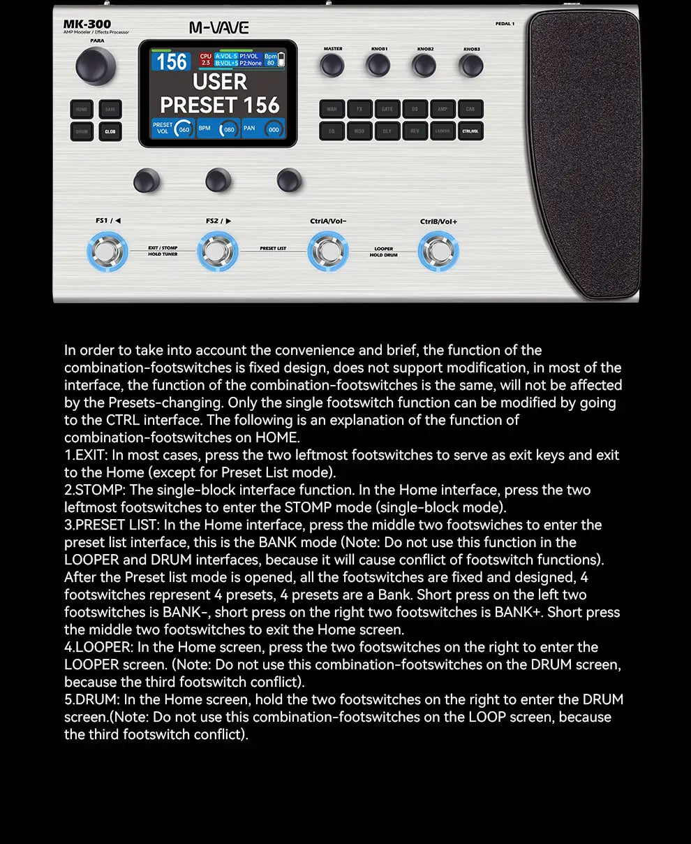 M-VAVE MK-300 Guitar Bass Multi-Effect Processor with 150s Looper 128 Drums MIDI DAW 120AMP 10h Battery ANN Neural Modeling