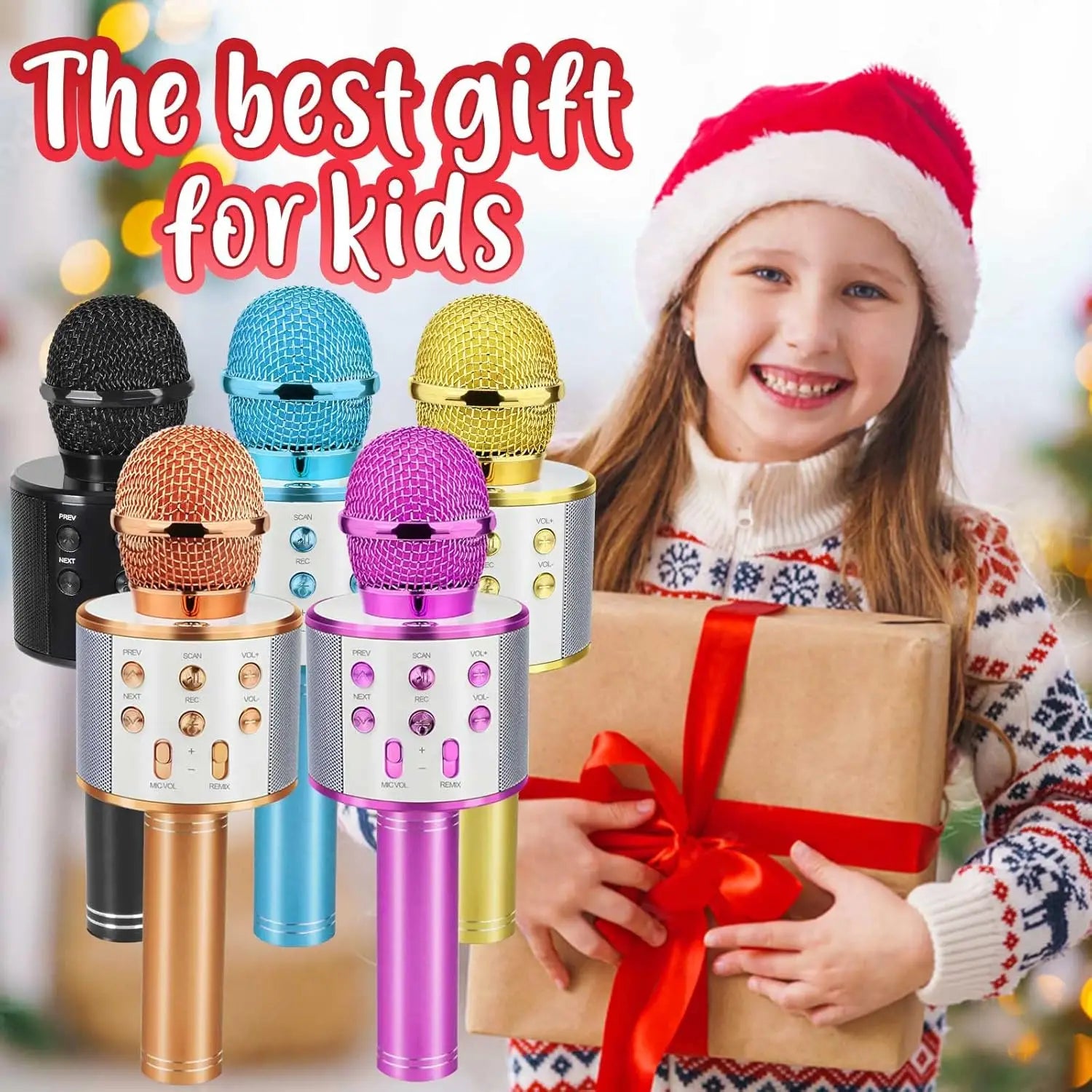 Wireless Bluetooth Karaoke Microphone for Kids 5-in-1 Portable Handheld Karaoke Mic Speaker Player Recorder with FM Radio