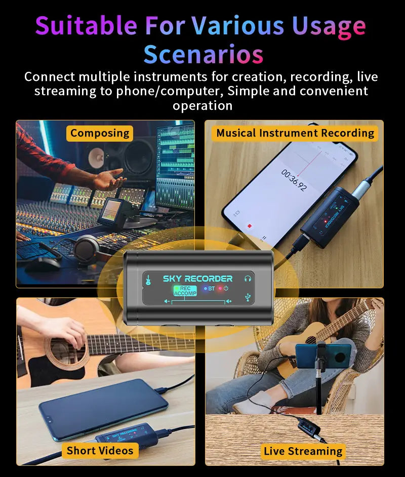 Portable HD Audio Interface - USB-C Multi-System Compatible for Guitar Recording & Streaming