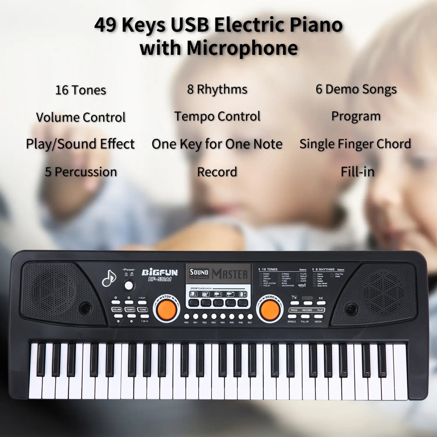 BIGFUN 37 Keys/49 Keys USB Electronic Organ Keyboard Piano Digital Music Electronic Keyboard with Microphone Black