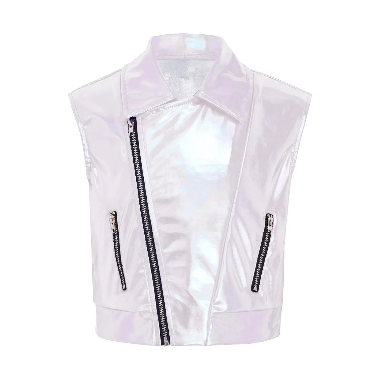 Kids Boys Girls Hip Hop Jazz Dance Performance Costume Turn-Down Collar Vest Zipper Metallic Jacket Tops Sleeveless Outerwear