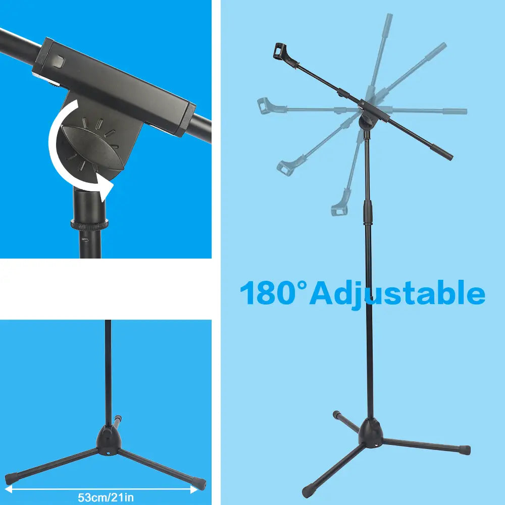 Microphone Stand Foldable Heavy Duty Tripod Karaoke Stands Floor Adjustable Boom Arm Length From 17’’ To 31’’ with Holder Clip
