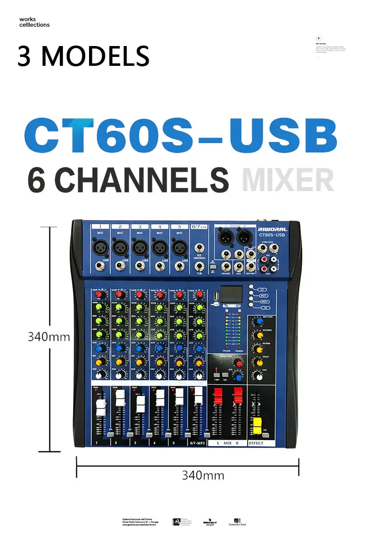 CT60S 6 Channels Professional Studio Audio Mixer USB DJ Sound Mixing Console 48V Phantom Powers