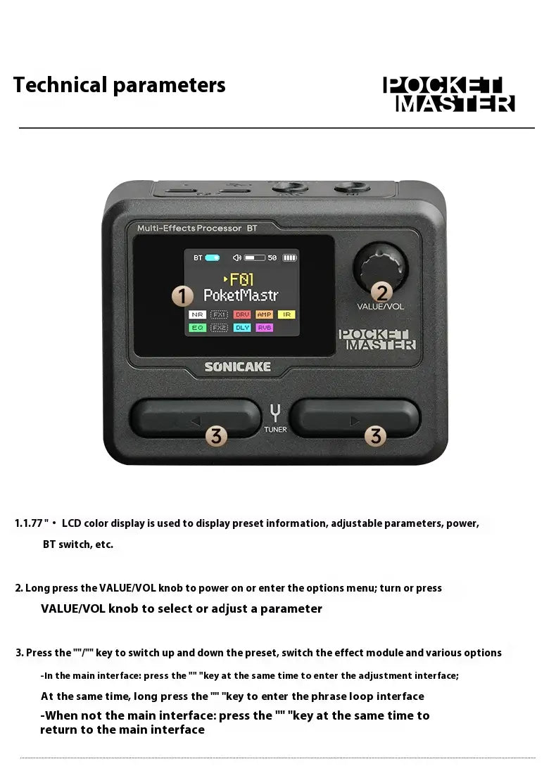 SONICAKE Pocket Master Electric Guitar Bass Amplifier Customized 1.77 LCD Screen Modeling IR Multi-Effect With OTG Looper Gifts