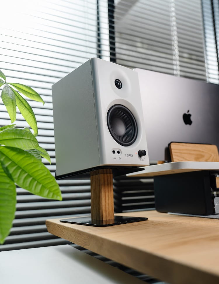 Walnut / Oak Wood Speaker Stand with Metal Base Home Office Audio Equipment Storage Solution Modern Desk Organizer Media Shelf