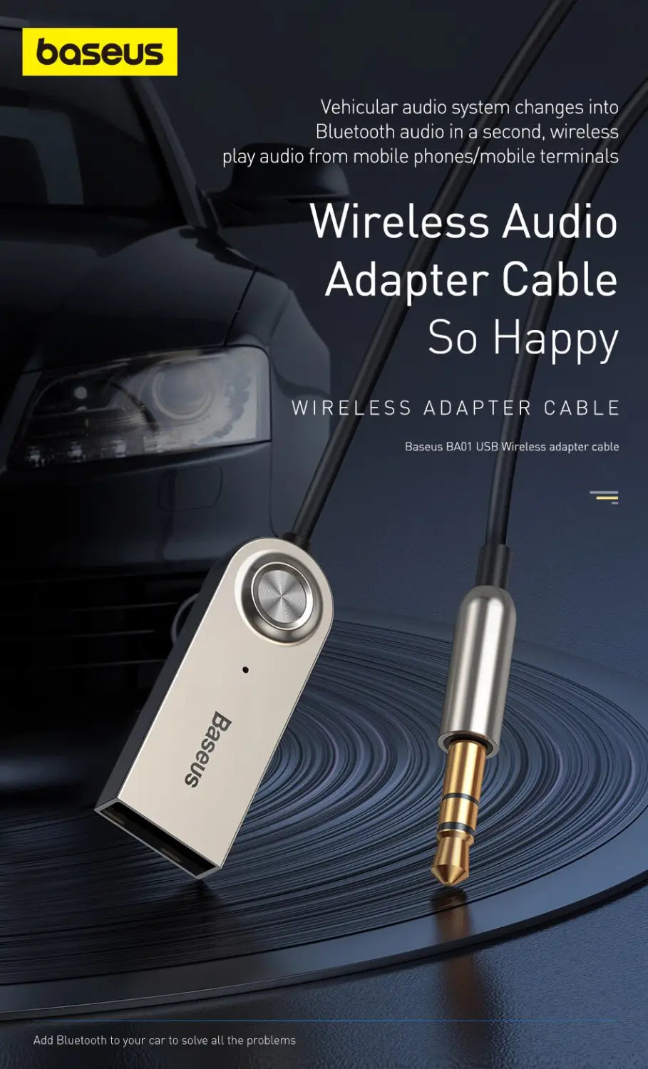 Baseus BA01 Aux USB Bluetooth Adapter Dongle Cable For Car 3.5mm Jack Aux Bluetooth 5.0 Receiver Speaker Audio Music Receiver