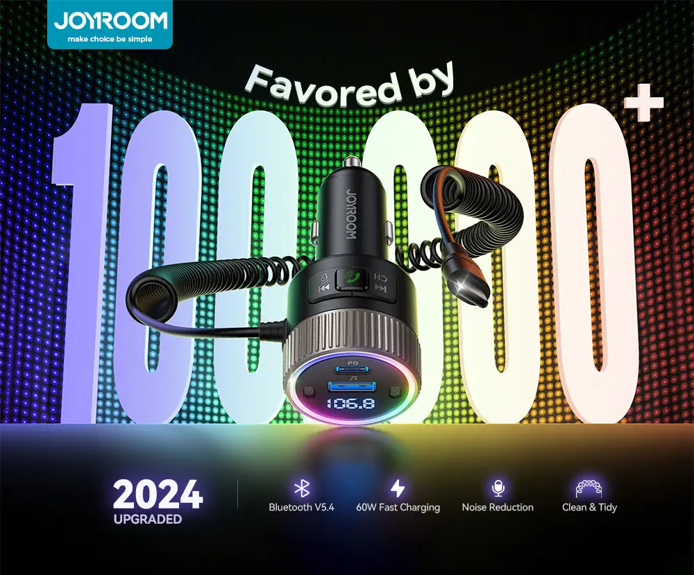 JOYROOM 60W Bluetooth 5.4 FM Transmitter PD QC 3.0 Super Fast Car Charger Dual Mics HiFi Deep Sound USB C Car Charging Adapter