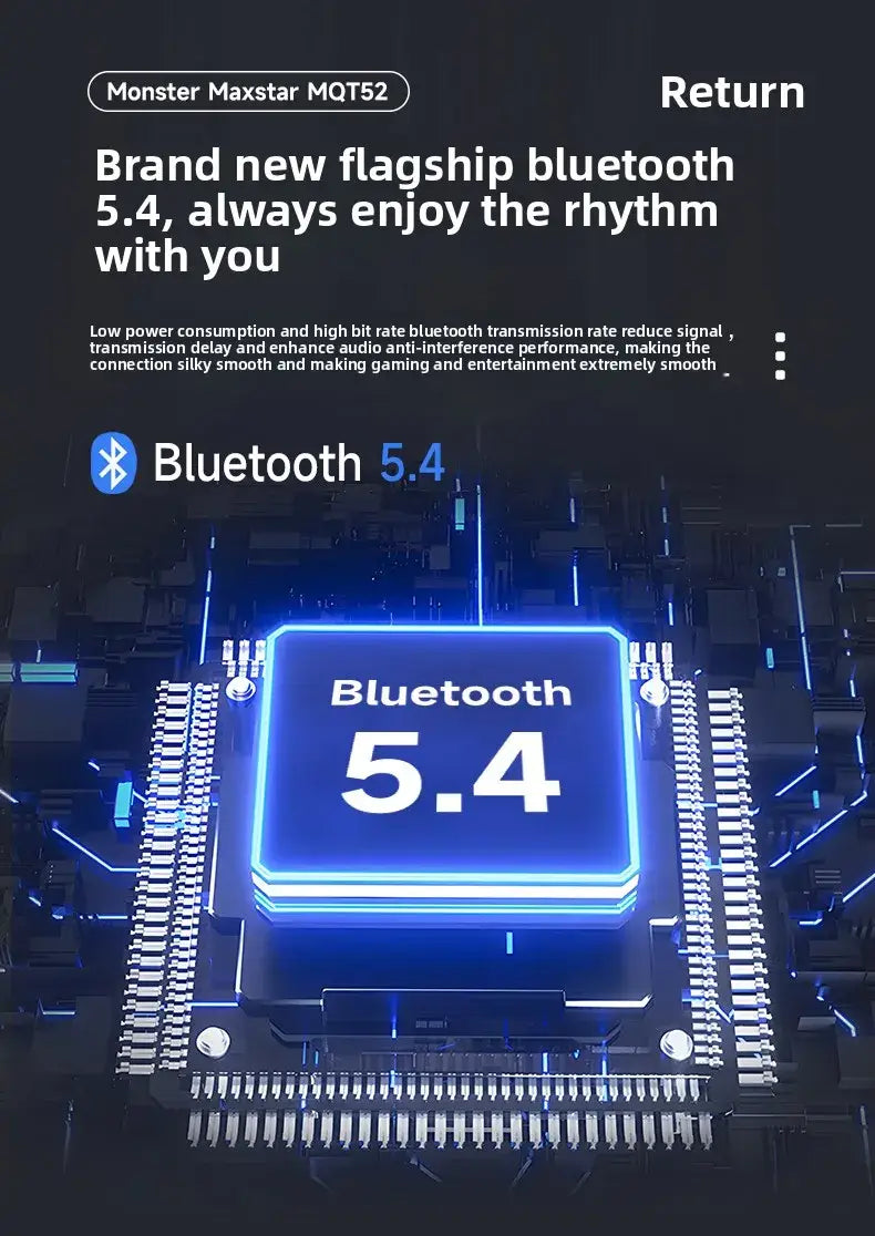 New Monster MQT52 TWS Wireless Bluetooth 5.4 Headset HIFI Stereo Music Gaming Earphones Talking Noise Canceling Earbuds