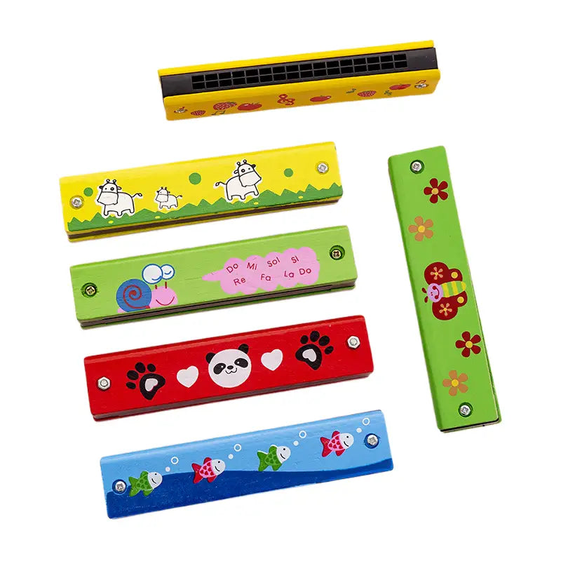 Wooden Cartoon Piccolo & Harmonica Children 6-Hole Flute 16-Hole Harmonica Toys Musical Instrument Toys Early Music Education