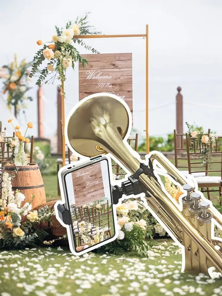 ♥Musical Instrument Phone Stand Trumpet Lyre Phone Holder Multifunctional Selfie Recording Rotating Fixed Instrument Strap Clip
