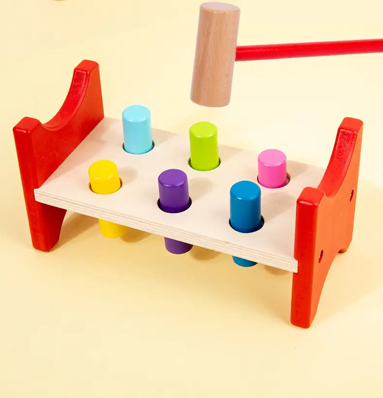 Montessori-style early learning percussion table for toddlers; hammer toy educational musical instrument and whack-a-mole game