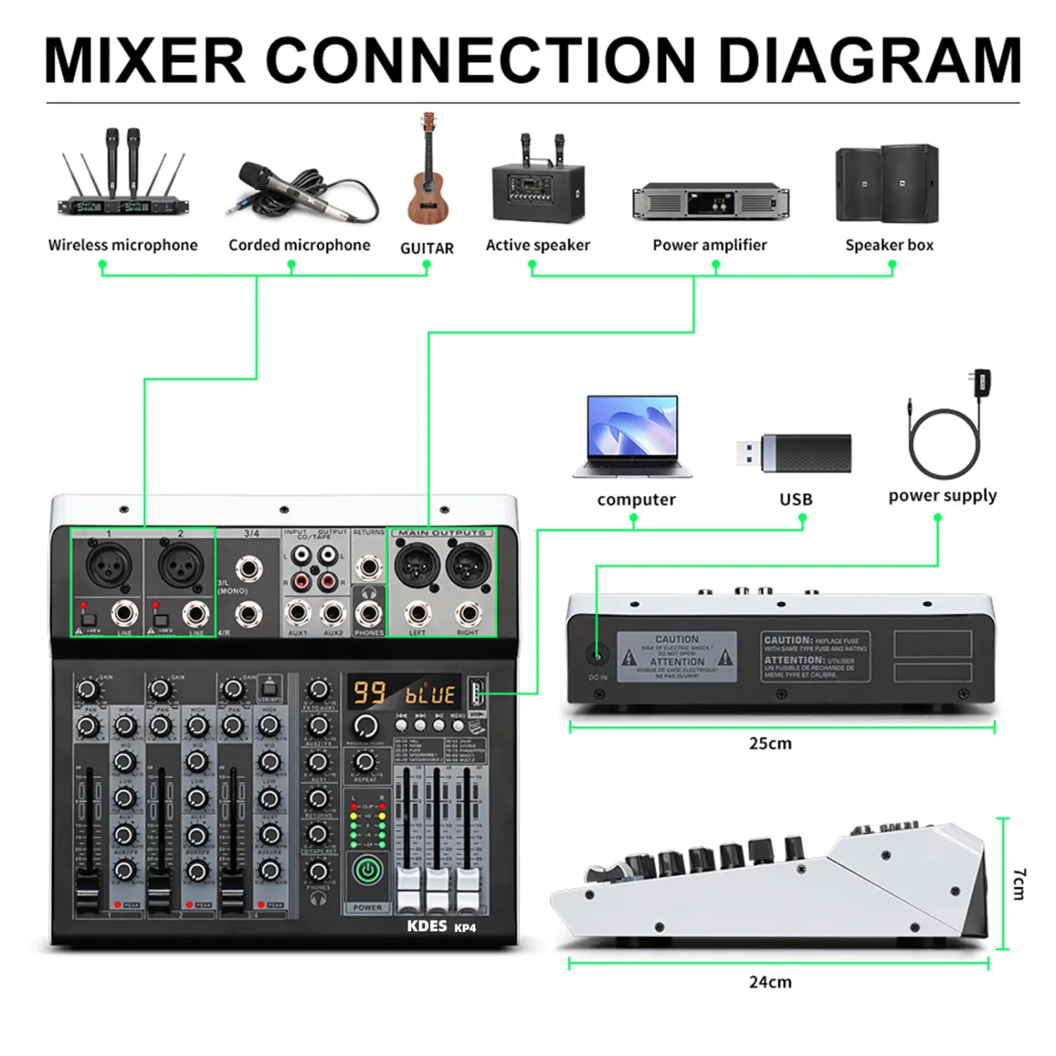 KDES KP4 Audio Mixer 4 Channel 99 DSP Effect Record PC 48V Phantom Power USB Sound Mixers Bluetooth DJ Console Mixing for Karaok
