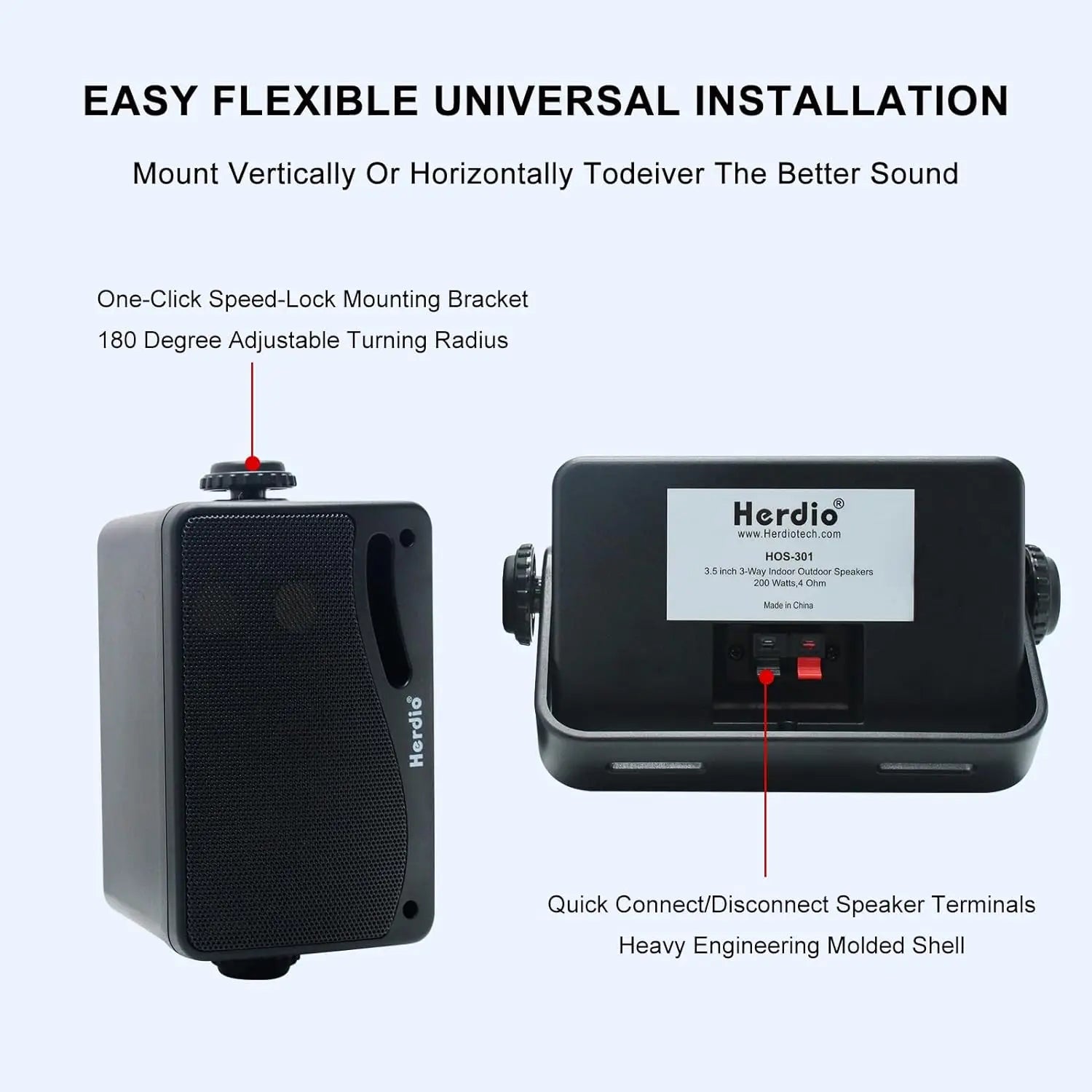 Herdio 3.5‘’ Outdoor Speakers Passive Wired Waterproof 200W 3 Way Premium Mountable Wall Mount Speakers With Superior Sound 2PCS
