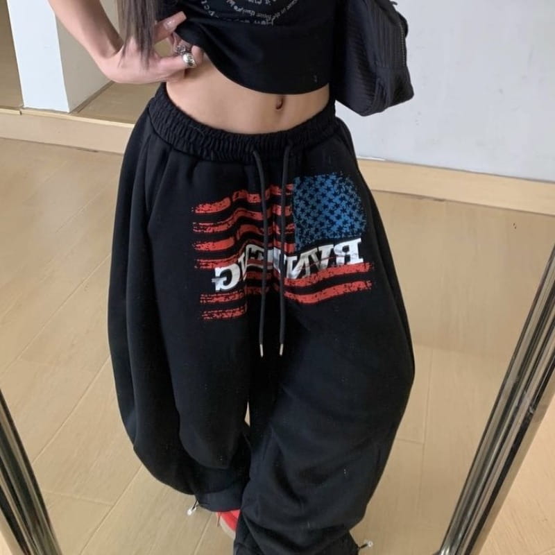 Women Retro American High Street Gothic Print Drawstring Wide Leg Sweatpants for Cotton Hip-hop Loose Versatile Sports Trousers