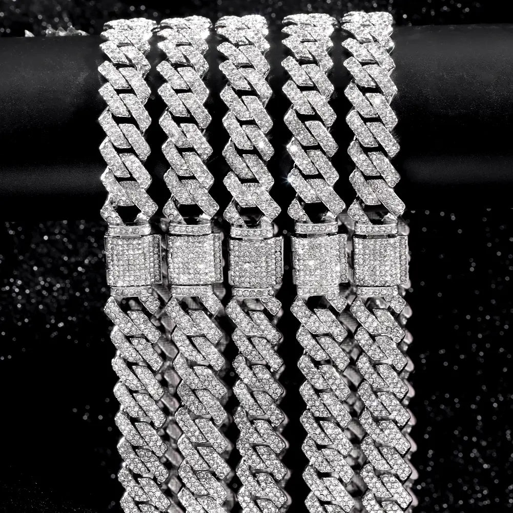 Hip Hop 14MM Prong Cuban Link Chain Necklace & Bracelet Iced Out Bling Cuban Chain Rhinestone Chains For Men Punk Rapper Jewelry