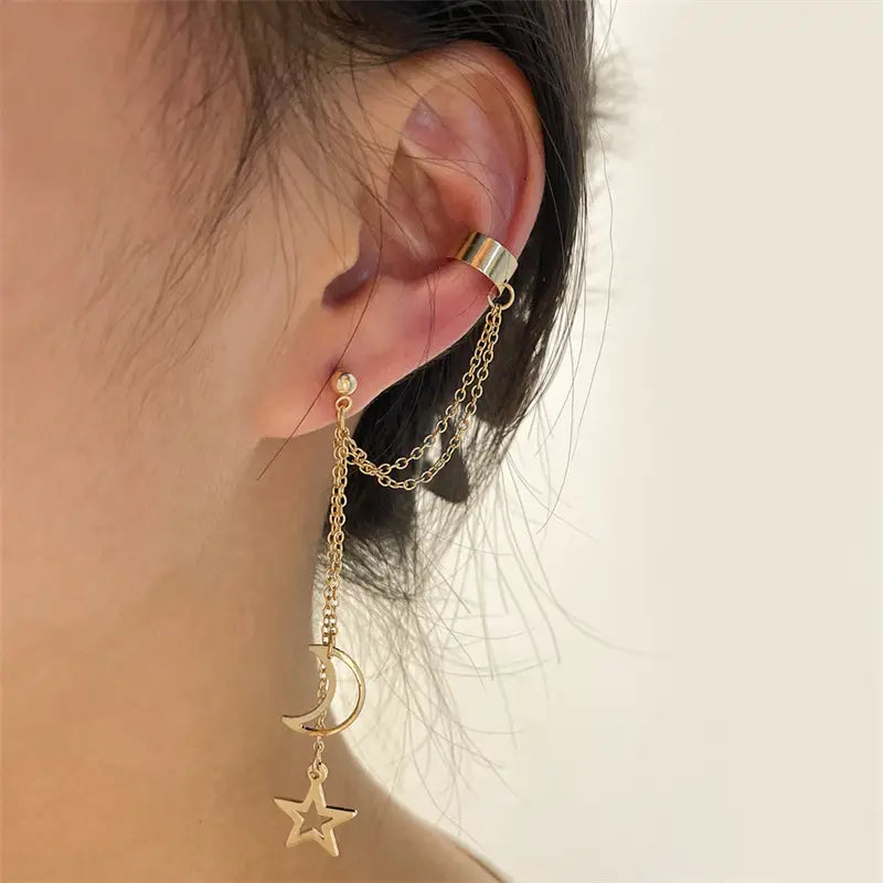 New Hiphop Clip Earrings for Women Star Moon Pendants Ear Cuff Punk Personality Gold Color Tassel Ear Clips aretes de mujer
