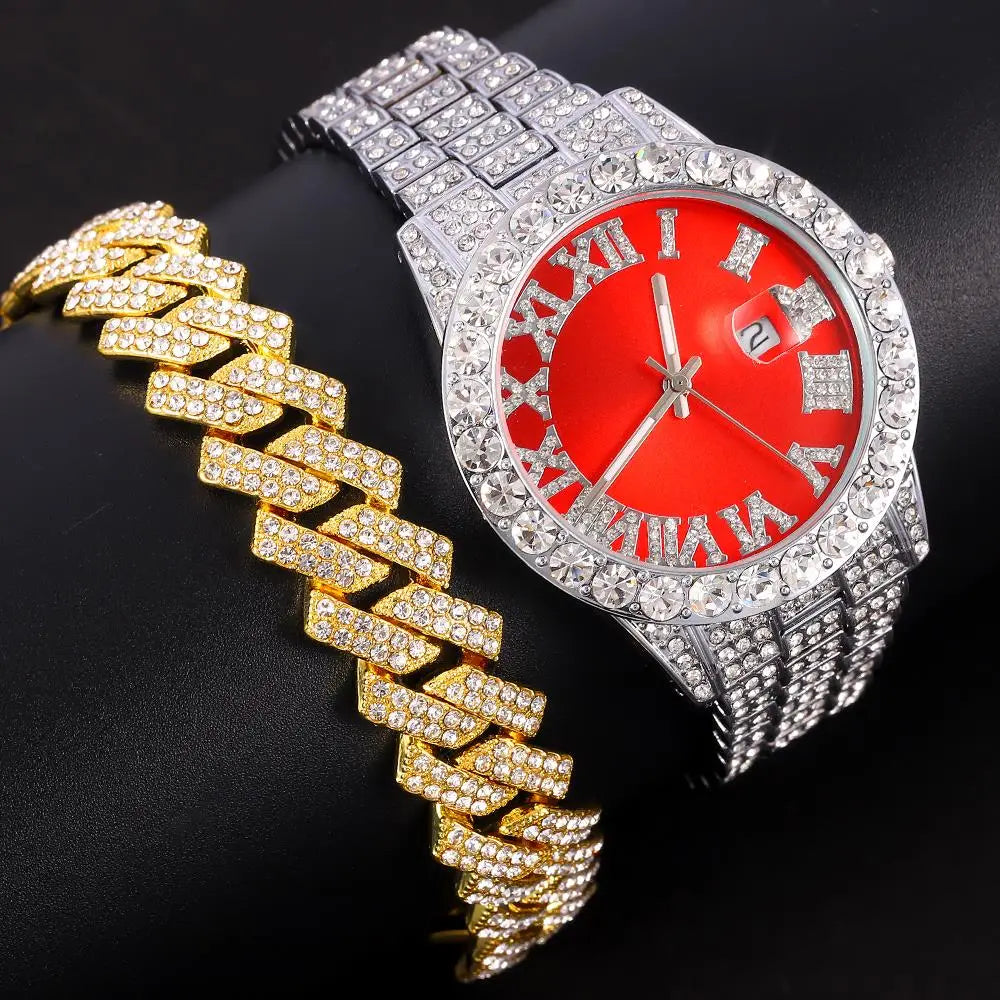Exquisite Necklace + Watch + Bracelet Hip Hop Rapper Cuban Chain Gold Color Iced Out Paved Rhinestone Men African Jewelry Set New