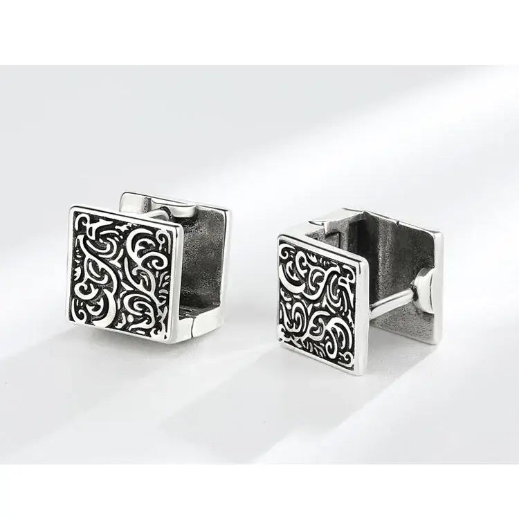 Vintage Ethnic Thai Silver Square Hoop Huggie Earrings for Women Men Chic Pattern Square Earring Hip Hop Rock Rap Cool Jewelry