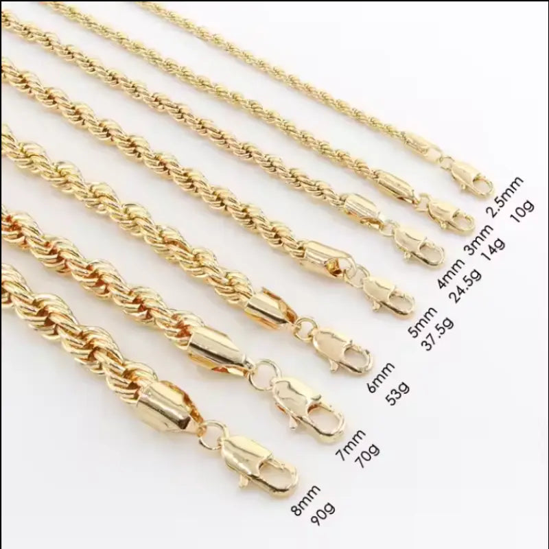 Hip Hop Non Tarnish 2.5MM 3MM 4MM 5MM 8MM PVD 18K Gold Plated Twist Rope Link Necklace Copper Brass Chain Jewelry