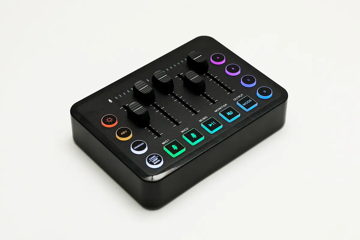Gaming Audio Mixer,Rechargeable Audio Interface RGB Mixer with XLR Microphone Interface,48V Phantom Power,for Podcast/Recording